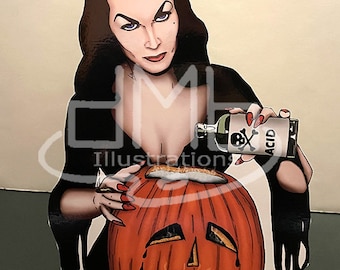 May include: A woman in a black dress pours a bottle labeled "ACID" with a skull and crossbones onto a sad-looking jack-o'-lantern.