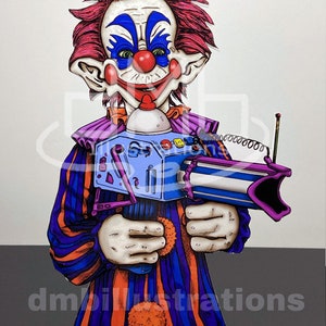 May include: A cartoon illustration of a clown with red hair, blue eyes, and a red nose holding a large, blue and purple toy gun. The clown is wearing a purple, orange, and blue striped costume with orange pom-poms.