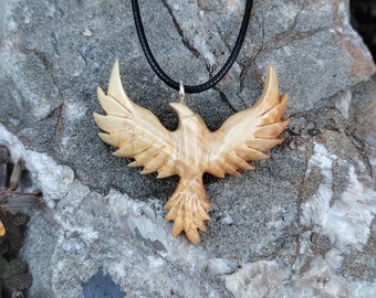 Hand Carved Wooden Phoenix Necklace, Maple Firebird Pendant