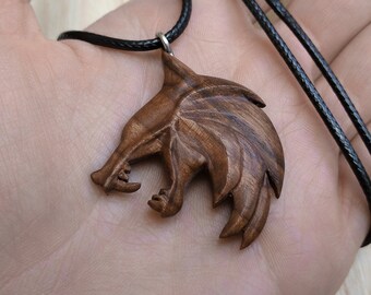 Hand Carved Witcher Wolf Pendant, Steamed Walnut Wood Amulet