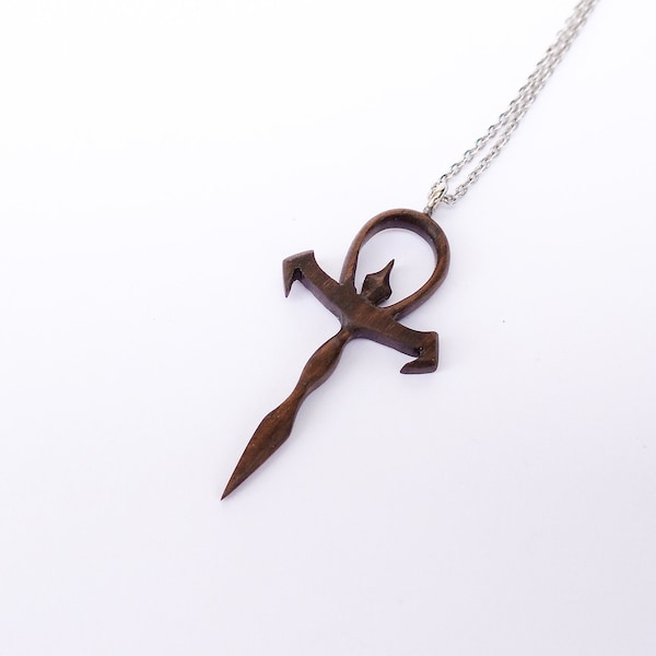 Hand Carved Walnut Vampire Ankh Pendant, Gothic Necklace