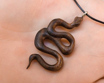 Hand Carved Walnut Rattlesnake Pendant Necklace, Wood Snake Jewelry