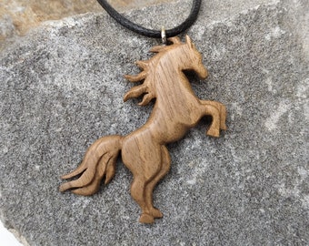 Hand Carved Walnut Horse Pendant, Wooden Jewelry