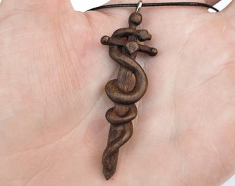 Hand Carved Wooden Sanke Necklace, Snake Crawling On A  Sword Pendant, Viking Pendant, Rattlesnake Pendant, Wooden Pendan, Serpent Jewelery