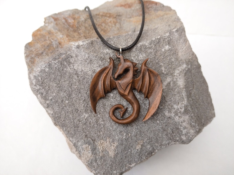 Hand Carved Walnut Wooden Dragon Necklace, Viking Norse Pendant