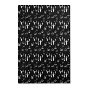 May include: Black and white pattern with a repeating design of a stick figure with arms raised. The background is black and the stick figure is white.