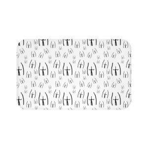 May include: White bath mat with a black repeating pattern of stick figures with arms raised.