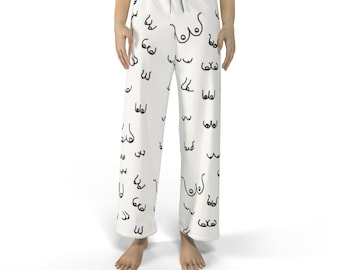 Pijama de tetas blancas con estampado artístico de tetas negras, pantalones de tetas con arte de piqueros dibujados a mano, divertidas ideas de regalos gag con estampado de tetas, regalos lésbicos