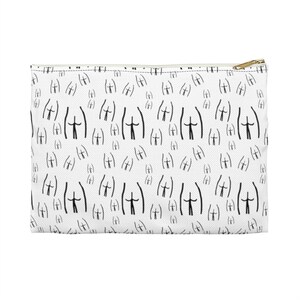 May include: White zippered pouch with a repeating pattern of black stick figures with arms raised.