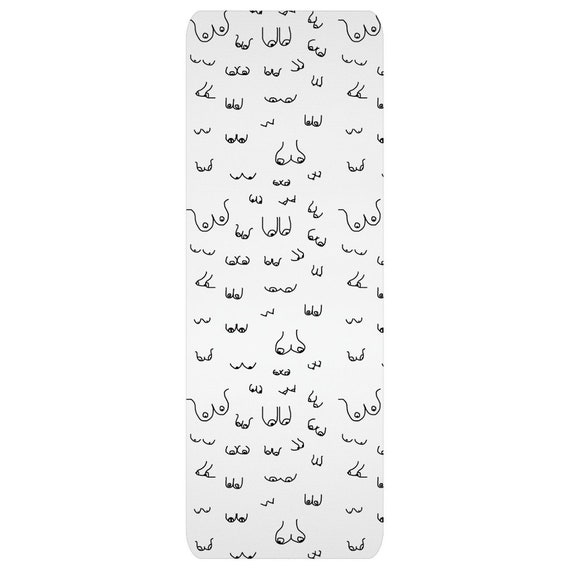 Black Hand-Drawn Boobies on a White Yoga Mat | | Unique Yoga Mat with  Handmade Print | gift for yoga lover, mom gift, or feminist gift