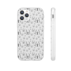 May include: White phone case with a black and white pattern of stick figures with arms outstretched. The case has a clear back and a white border.