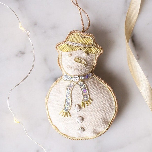 Snowman Christmas Decoration in Irish Linen Handmade Festive Holiday Tree Ornament