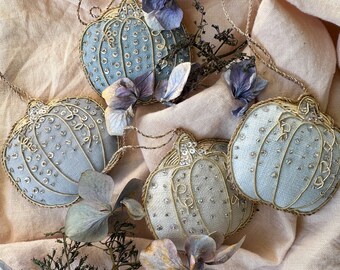 Blue Cinderella Pumpkin Table Decoration in Irish Linen Handmade Autumn Halloween Thanksgiving Ornament Fall