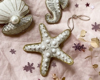 Natural Starfish Handmade Holiday Ornament Decoration in Irish Linen Wedding Favour Bridesmaid Gift