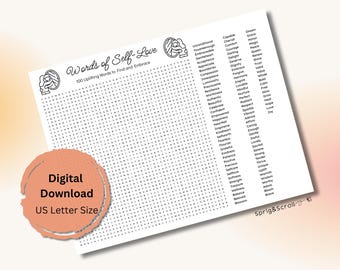 May include: A printable word search puzzle titled "Words of Self-Love" with 100 uplifting words to find. The digital download is US Letter size. The image features a peach-colored circular graphic with the words "Digital Download" and "US Letter Size".