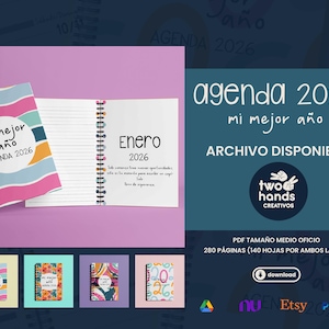 May include: A spiral-bound agenda titled "Agenda 2026 Mi Mejor A&ntilde;o" with a colorful cover. The open page displays "Enero 2026" with lined paper. Additional agenda cover designs are shown below. The text "Archivo Disponible" is also visible.