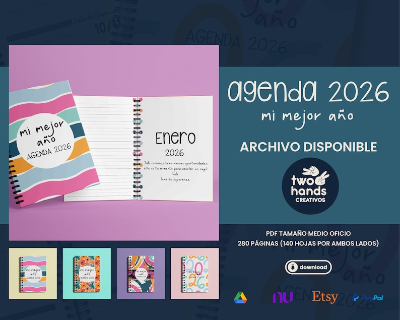 May include: A spiral-bound agenda titled "Agenda 2026 Mi Mejor A&ntilde;o" with a colorful cover. The open page displays "Enero 2026" with lined paper. Additional agenda cover designs are shown below. The text "Archivo Disponible" is also visible.