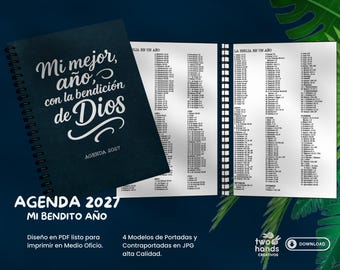 May include: A spiral-bound 2027 planner with a dark blue cover featuring the white text Mi mejor, año, con la bendición de Dios. The open pages display a reading schedule titled La Biblia en un año with columns of text and dates in black ink.