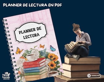 May include: A pink planner with a spiral binding and the text "Planner de Lectura" in a white banner. The planner is decorated with flowers, butterflies, and a cup of coffee. The planner is on a table with a stack of books.