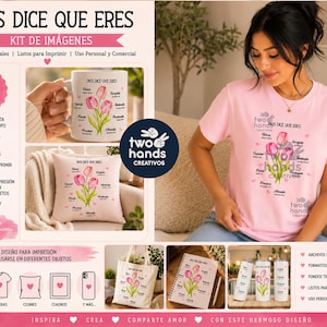 Op de afbeelding: Promotieafbeelding met digitale designproducten. De afbeelding toont een roze t-shirt, een mok en een kussen, allemaal versierd met een bloemenontwerp en de tekst "DIOS DICE QUE ERES". Andere items zijn een draagtas, notitieboek en bekers. De afbeelding bevat ook de tekst "Two Hands Creativos."