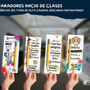 Pu&ograve; includere: Quattro segnalibri a tema scolastico con disegni di matite e testo in spagnolo. Lo striscione in alto recita "SEPARADORES INICIO DE CLASES". I segnalibri sono progettati per l'inizio dell'anno scolastico. &Egrave; visibile un pulsante di download.