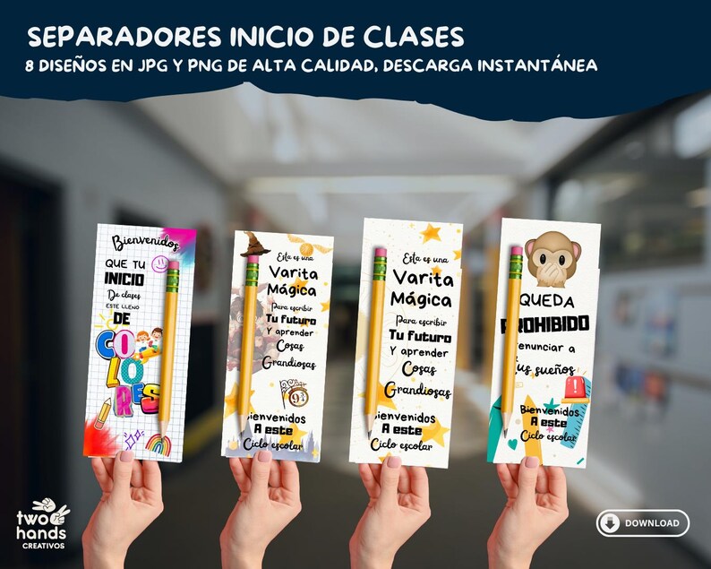 Pu&ograve; includere: Quattro segnalibri a tema scolastico con disegni di matite e testo in spagnolo. Lo striscione in alto recita "SEPARADORES INICIO DE CLASES". I segnalibri sono progettati per l'inizio dell'anno scolastico. &Egrave; visibile un pulsante di download.