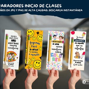 Pu&ograve; includere: Una collezione di segnalibri colorati con dettagli di matita, ognuno con design unici e testo in spagnolo. I segnalibri presentano illustrazioni di bambini, faccine sorridenti e citazioni motivazionali. Lo striscione in alto recita "SEPARADORES INICIO DE CLASES".