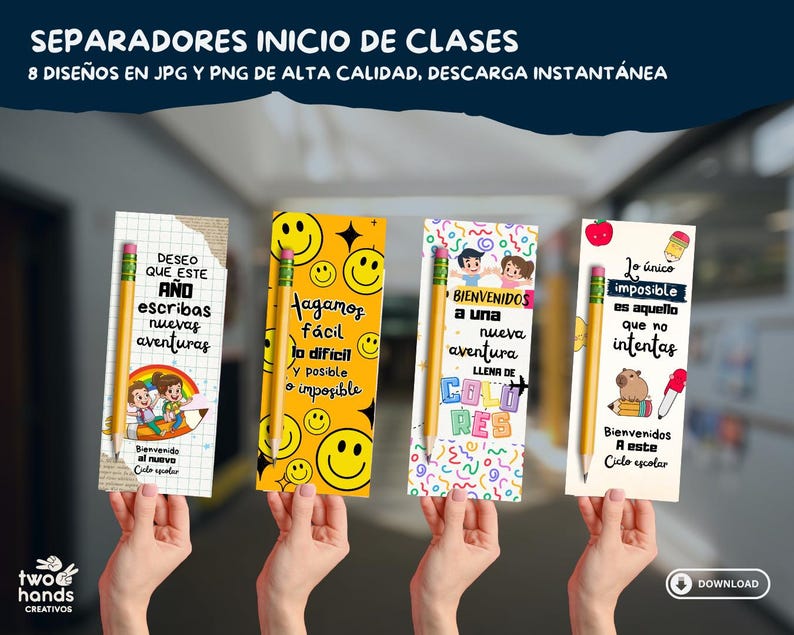 Pu&ograve; includere: Una collezione di segnalibri colorati con dettagli di matita, ognuno con design unici e testo in spagnolo. I segnalibri presentano illustrazioni di bambini, faccine sorridenti e citazioni motivazionali. Lo striscione in alto recita "SEPARADORES INICIO DE CLASES".