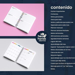 May include: Two open planners with spiral binding are displayed against a pink and gray background. One planner shows lined pages, the other a monthly calendar for January 2026. The image includes the text "contenido" and "AGENDA 2026".