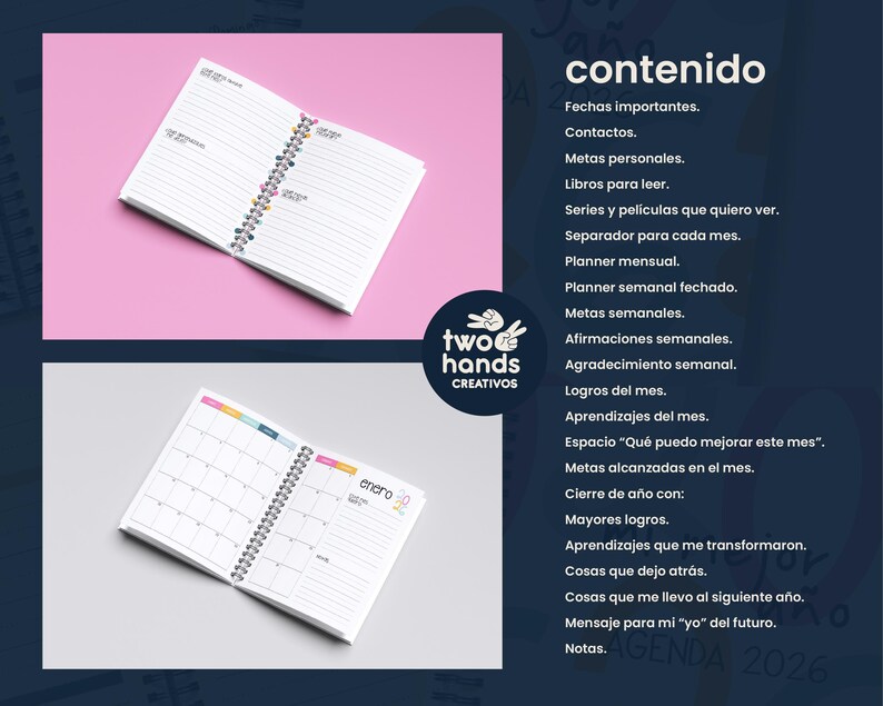 May include: Two open planners with spiral binding are displayed against a pink and gray background. One planner shows lined pages, the other a monthly calendar for January 2026. The image includes the text "contenido" and "AGENDA 2026".