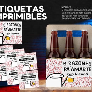 Op de afbeelding: Zes bedrukbare bieretiketten met een cartoonfiguur met de tekst "6 razones pa amarte con locura" (6 redenen om van je te houden met waanzin) en harten. De etiketten zijn 8,5 x 10,5 cm.