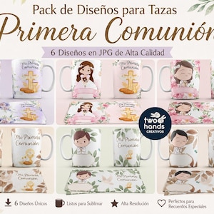 May include: A collection of Primera Comunión mug designs. The mugs feature illustrations of children, crosses, and the text "Mi Primera Comunión." The image also includes matching designs for coasters. The text "Pack de Diseños para Tazas" is visible.