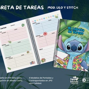May include: A spiral-bound planner with the text "LIBRETA DE TAREAS MOD. LILO Y STITCH" and "Mi Libreta de Tareas". The cover features a blue cartoon character. The planner's pages are divided into sections for tasks, with colourful accents.