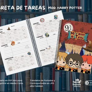 Może przedstawiać: Spiralny notatnik z motywem Harry'ego Pottera. Otwarte strony przedstawiają układ tygodniowego planera z motywami. Okładka zawiera ilustracje postaci i tekst "Mi Libreta de Tareas".