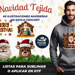 May include: A gray hoodie featuring a Christmas-themed design with Santa Claus, a reindeer, and a snowman. The image also includes various crochet Christmas illustrations, including a nativity scene and the text "Merry Christmas."
