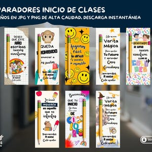 Pu&ograve; includere: Una collezione di otto segnalibri colorati con illustrazioni di matite e testo in spagnolo. Ogni segnalibro presenta grafiche e frasi uniche come "Benvenuti in una nuova avventura" e "Rendi possibile l'impossibile".