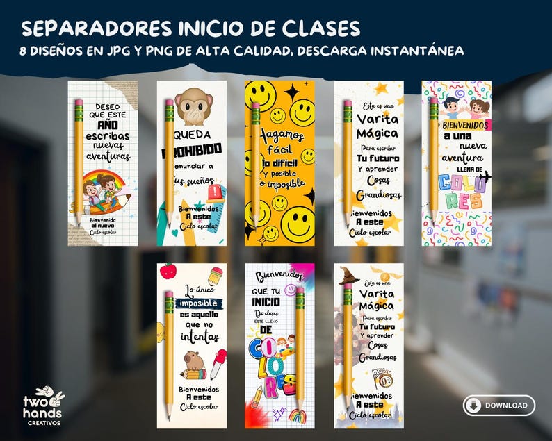 Pu&ograve; includere: Una collezione di otto segnalibri colorati con illustrazioni di matite e testo in spagnolo. Ogni segnalibro presenta grafiche e frasi uniche come "Benvenuti in una nuova avventura" e "Rendi possibile l'impossibile".