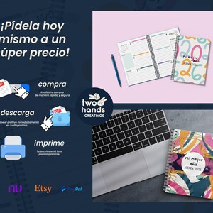 May include: An image showcasing a planner with a colorful cover and the text "Mi mejor a&ntilde;o AGENDA 2026." The image also includes a laptop, a pen, and instructions for purchase, download, and print.