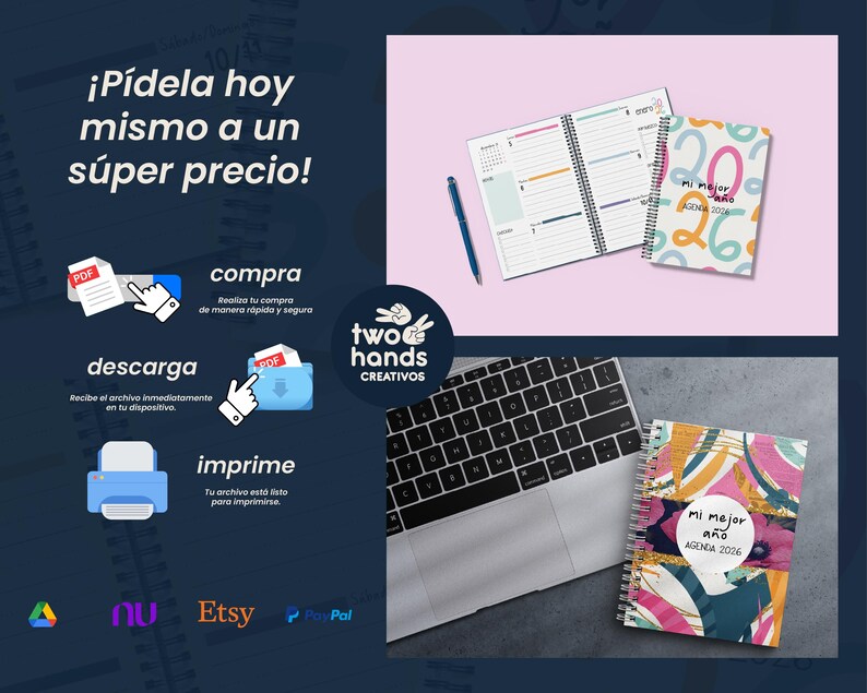 May include: An image showcasing a planner with a colorful cover and the text "Mi mejor a&ntilde;o AGENDA 2026." The image also includes a laptop, a pen, and instructions for purchase, download, and print.