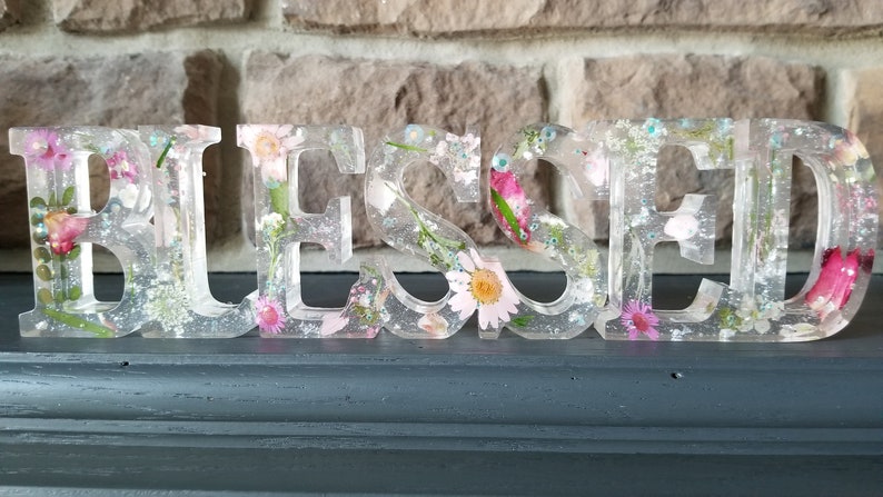 iridescent crystals Resin Blessed dimensional sign clear with real dried flowers shimmer