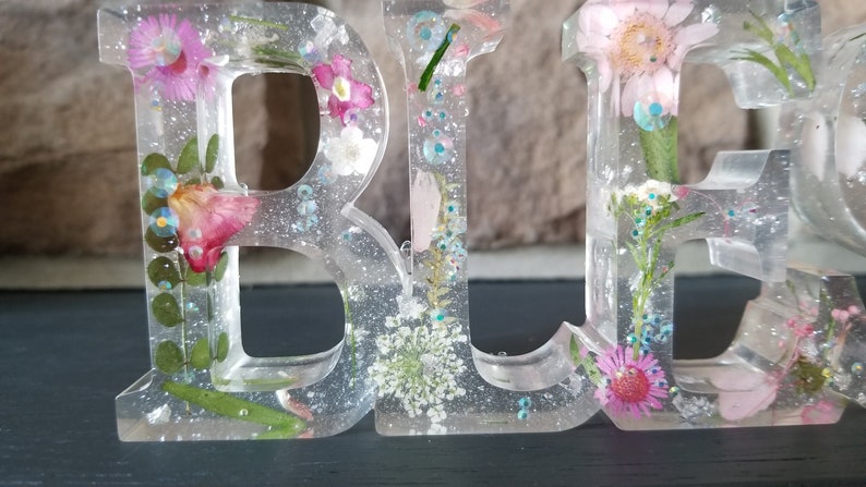 iridescent crystals Resin Blessed dimensional sign clear with real dried flowers shimmer
