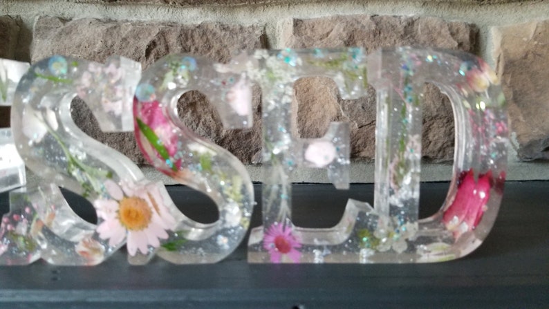 iridescent crystals Resin Blessed dimensional sign clear with real dried flowers shimmer