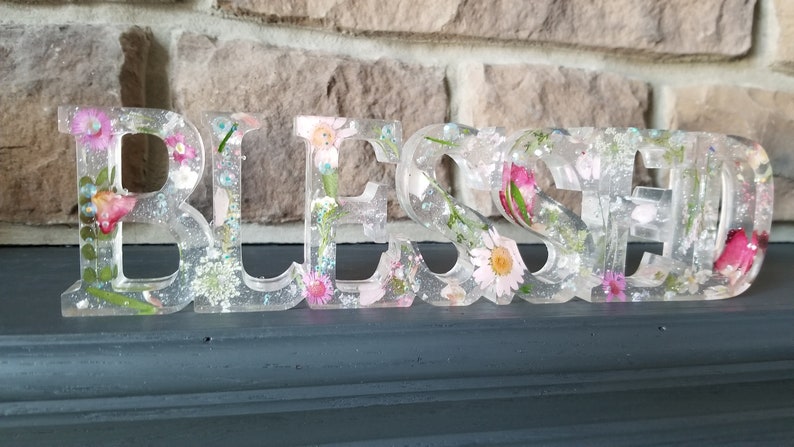 iridescent crystals Resin Blessed dimensional sign clear with real dried flowers shimmer