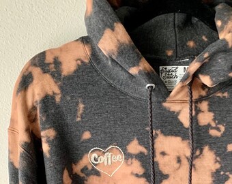 Hand Embroidered Cream Coffee Heart, Tie Dye Dark Heather Grey Fleece Long Sleeve Hoodie with Kangaroo Pocket, Adult Unisex