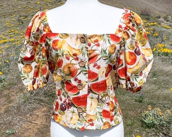 Handmade Fresh Fruits White and Multicolor Print Blouse, Still Life Cotton Voile Square Neck Womens Button Front Top
