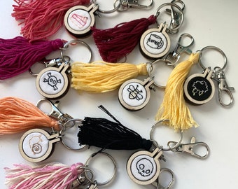 Small Circle Hoop Hand Embroidered Keychain with Tassel