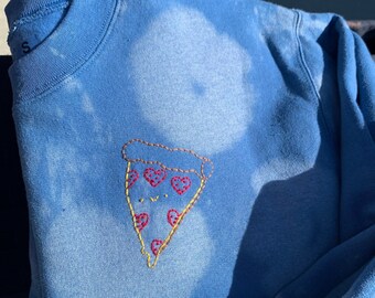 Hand Embroidered Kawaii Happy Smiling Pizza with Heart Pepperonis on Tie Dyed Blue Fleece  Long Sleeve Sweatshirt, Size Large (Unisex)