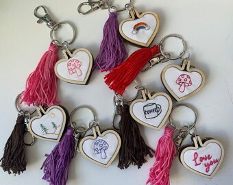 Heart Hand Embroidered Keychain with Tassel