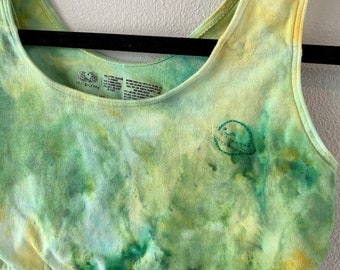 Hand Embroidered Kawaii Saturn on Tie Dye Green and Yellow Bralette, Ice Dye Spaghetti Strap Sports Bra, Size 36