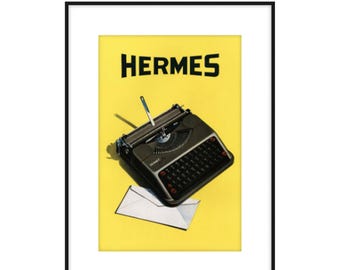 Reklama Vintage Hermes - Wydruk cyfrowy - Retro francuski plakat - Klasyczna sztuka ścienna - Wystrój w stylu paryskim - Maszyna do pisania